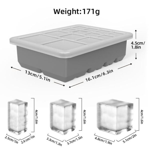 13-Cavity Multi-Sized Square Ice Cube Tray with Lid Food-Grade Silicone Mold for Easy Release Ice Making